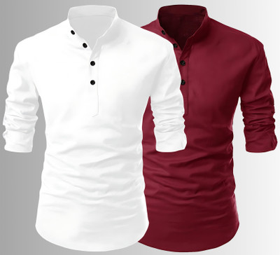 evalaxy Men Solid Straight Kurta(White, Maroon)
