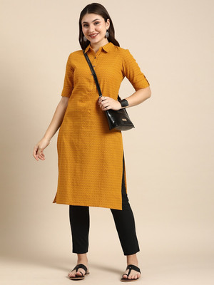 ANOUK Women Striped Straight Kurta(Orange)