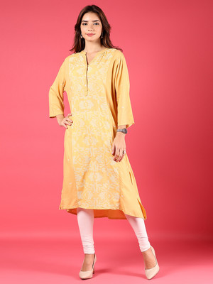 V-MART Women Printed A-line Kurta(Yellow)