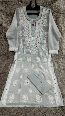 Neelam Chikan Women Chikan Embroidery Straight Kurta(Grey)
