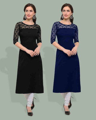 Maheshvi Women Solid Straight Kurta(Black, Blue)
