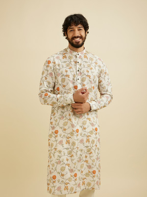 MANYAVAR Men Floral Print Straight Kurta(White)