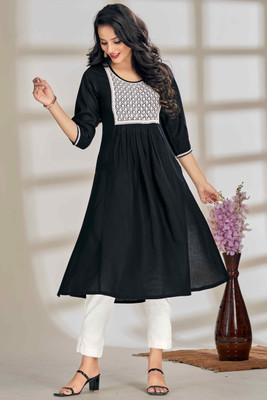 Glomee Women Embroidered A-line Kurta(Black)