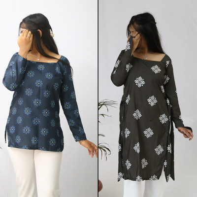 aanzri Women Printed, Floral Print Straight Kurta(Grey, Dark Blue)