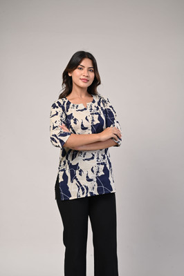 AQUACOLLECTION Women Printed Straight Kurta(Blue, Beige)