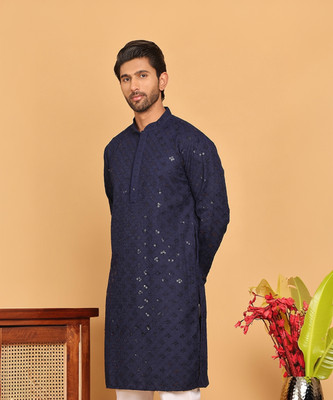 Jompers Men Embroidered Straight Kurta(Blue)