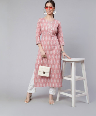 DamselDrape Women Printed Straight Kurta(Pink)