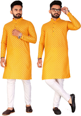 FRELURO Men Printed Straight Kurta(Yellow)
