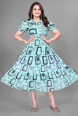 Parth Creation Women Printed Flared Kurta(Light Blue)