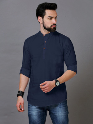 ART CURTAIN Men Solid Straight Kurta(Blue)