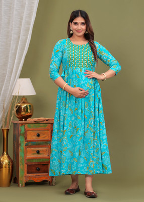 GUNINI Women Printed Anarkali Kurta(Light Blue)