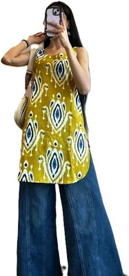 Dhanvins Women Ikat, Printed A-line Kurta(Yellow)