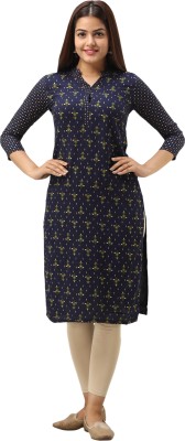 JAIPURETHNICWEAVES Women Printed Straight Kurta(Dark Blue)