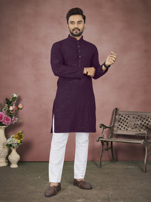 LeipZig Men Embroidered Straight Kurta(Purple)