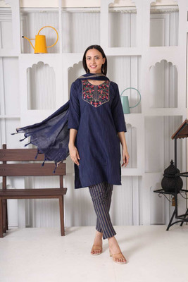 FazAttire Women Embroidered, Striped Straight Kurta(Dark Blue)