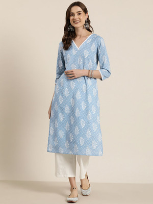 HERE&NOW Women Floral Print Straight Kurta(Blue)