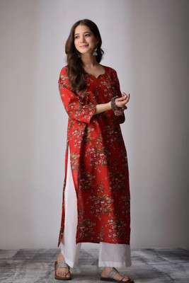 JAIPUR FASHION Women Printed Straight Kurta(Maroon)