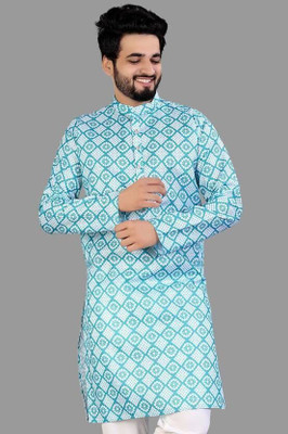 DHASU TRENDZ Men Printed Straight Kurta(Light Blue)