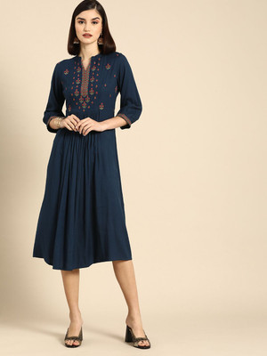 ANOUK Women Printed Straight Kurta(Blue)