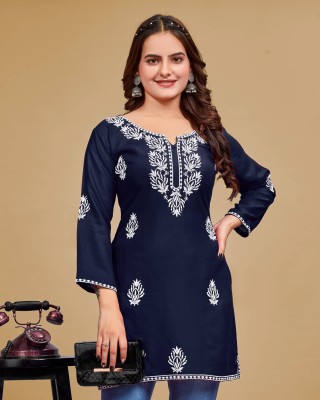 Kalavrund Creation Women Chikan Embroidery Straight Kurta(Dark Blue)