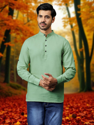 FireFish Men Solid A-line Kurta(Light Green)