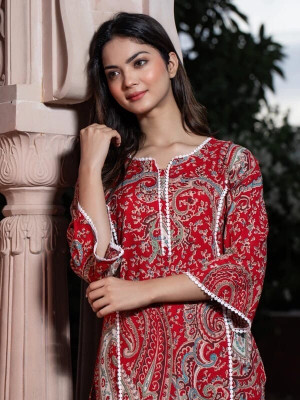 Nibhao Women Printed Pakistani Kurta(Red)