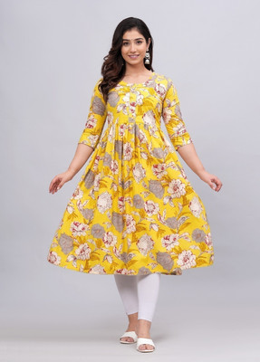 Mahruchi Textile Women Block Print Flared Kurta(Yellow)