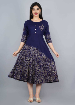 ASFashion Women Block Print Anarkali Kurta(Dark Blue, Gold)