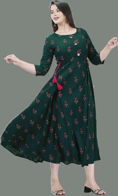 Anmi Floral Print Women Anarkali Kurta(Dark Green, Pink, Beige)