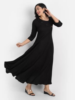 Puebell Women Solid Flared Kurta(Black)