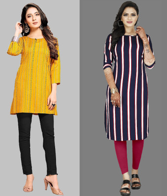 Hiral Creation Women Striped, Printed A-line Kurta(Yellow, Purple)