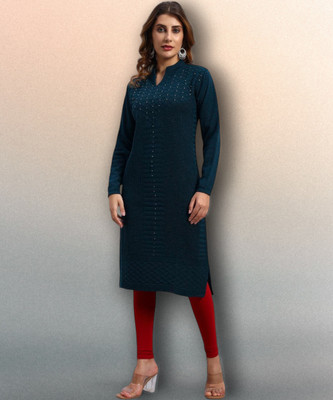 DRESSBASE Women Woven Design Straight Kurta(Blue)