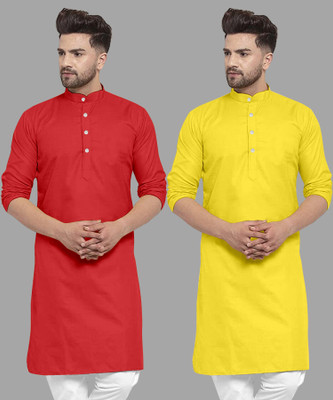 UDANIENTERPRISE Men Solid Straight Kurta(Yellow, Red)