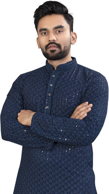 Ladyflock Men Chikan Embroidery Straight Kurta(Blue)