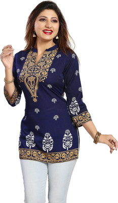 Anmi Endearing Ethnicity Short Red Tunic for Women (Blue) Printed Women Straight Kurta(Blue)