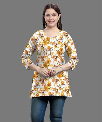 AFKINZA Women Floral Print A-line Kurta(Yellow)