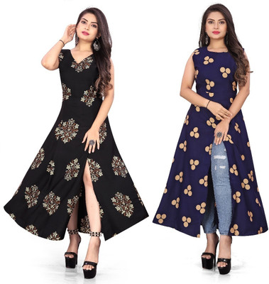 Modli 20 Fashion Women Printed Frontslit Kurta(Black)