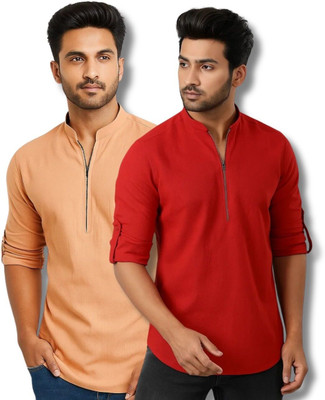 MANCHESTER & CO Men Solid Straight Kurta(Orange, Red)