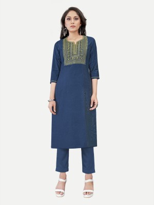 Riti Women Embroidered Straight Kurta(Dark Blue)