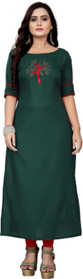 Fentin Enterprise Women Embroidered Straight Kurta(Green)