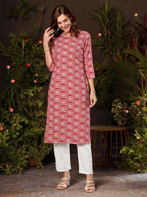 ANOUK Women Floral Print Straight Kurta(Red)