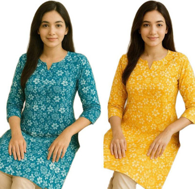 ssf Women Printed A-line Kurta(Blue, Yellow)