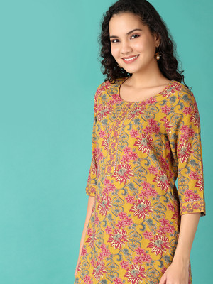 V-MART Women Printed A-line Kurta(Yellow)