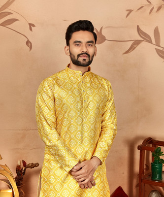 CELLUX Men Printed Straight Kurta(Yellow)