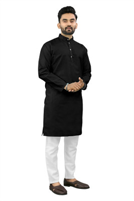 kanha creation Men Solid Straight Kurta(Black)