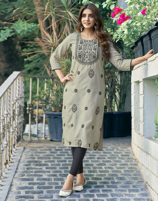 Samah Women Chikan Embroidery, Embellished, Dyed/Ombre, Self Design Straight Kurta(Beige, Black)