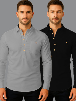 KNOWTED Men Solid Straight Kurta(Grey, Black)