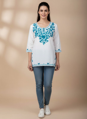 BANSII DHUN Women Embroidered Straight Kurta(White, Blue)