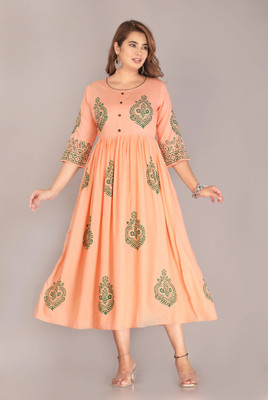 Priyshi Designing Women Printed Flared Kurta(Orange)