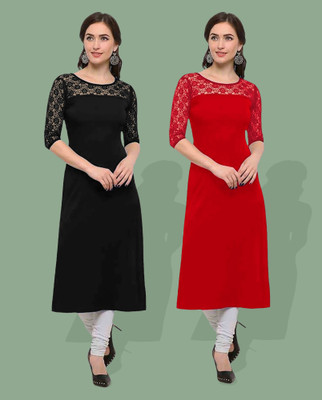 Maheshvi Women Self Design Straight Kurta(Red, Black)